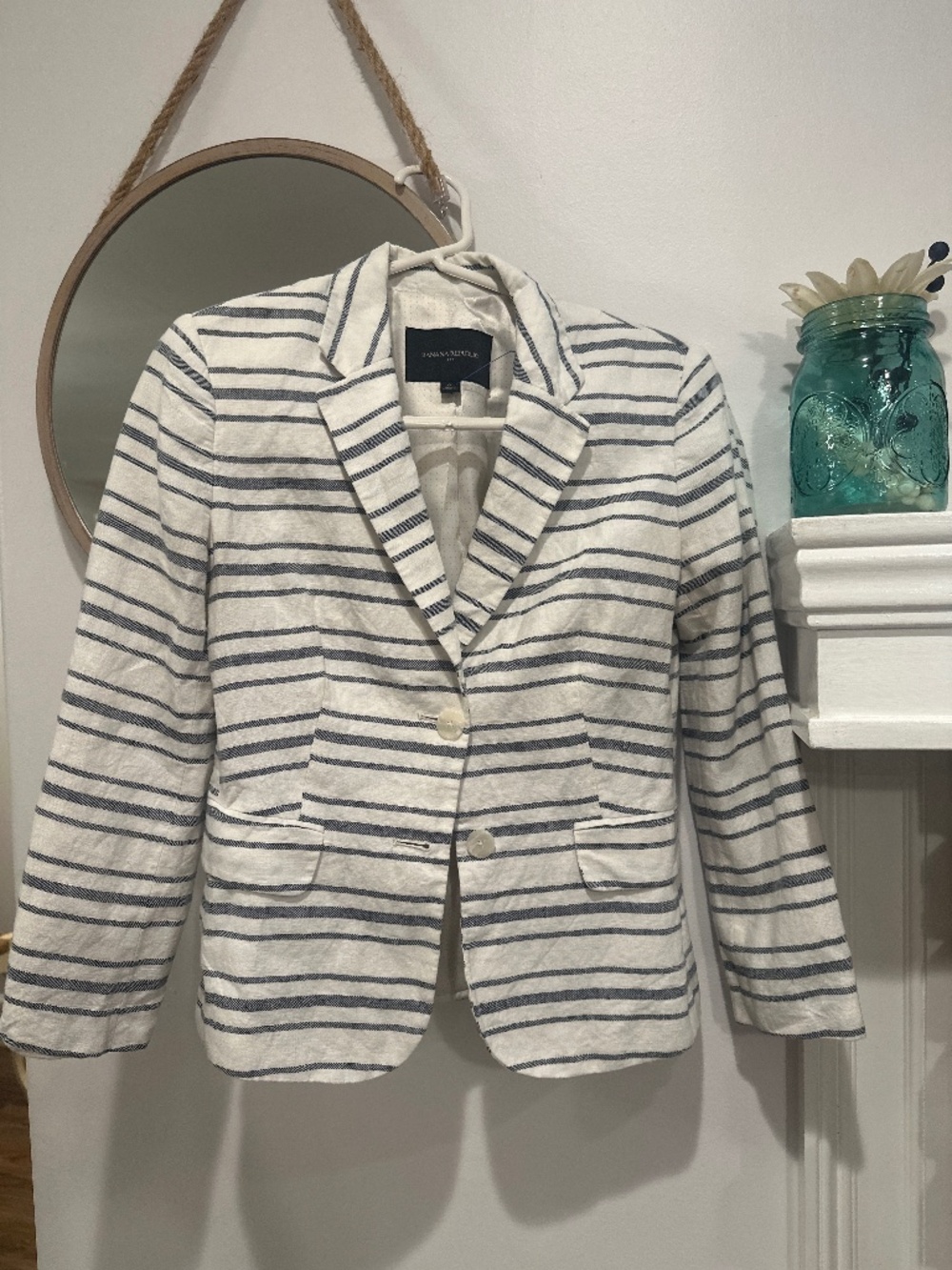 Banana Republic White & Navy Striped Linen Blend Blazer Size 0 Nautical